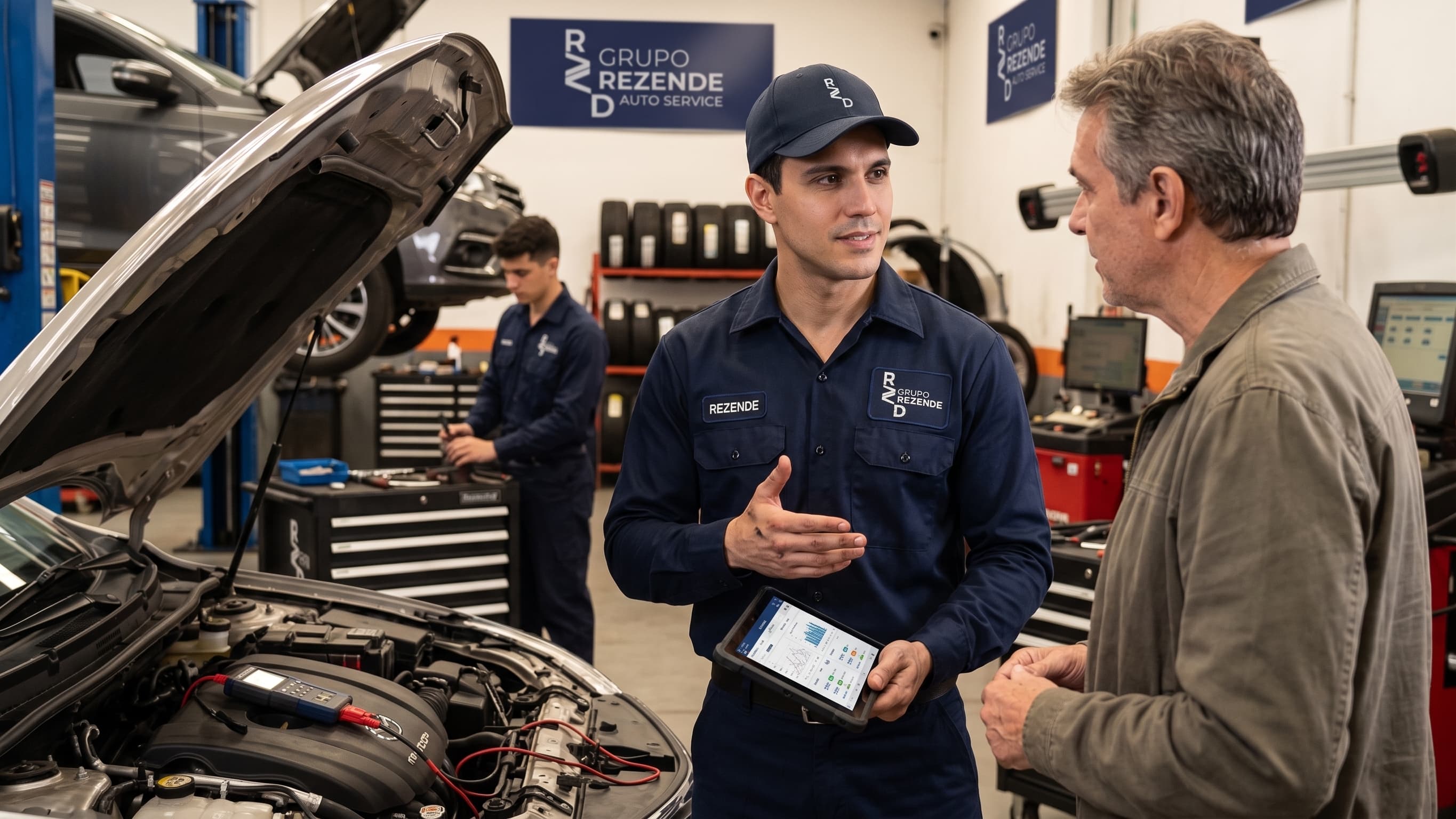 Técnico do Grupo Rezende explicando o diagnóstico do veículo para o cliente na oficina